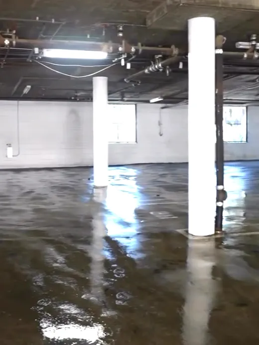 A parking garage floor washed down and running clear after the drains were jetted