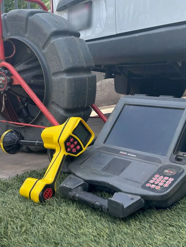 A camera reel, a locating wand and the inspection monitor set out on the ground behind the van